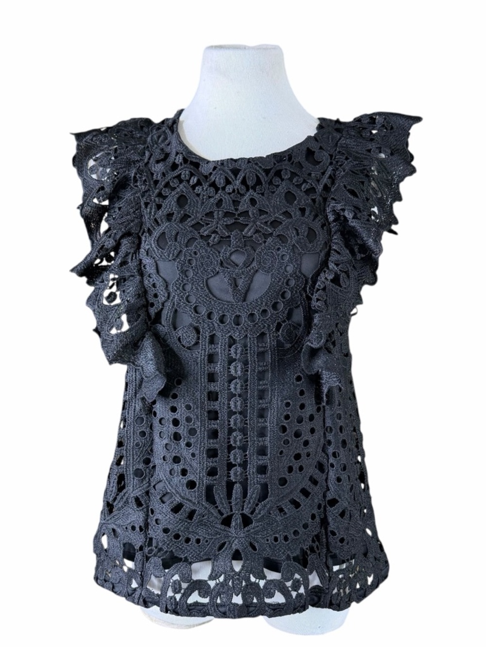 Express Black Baroque Lace Crochet Ruffle Sleeve Blouse - Size Medium - Picture 2 of 16